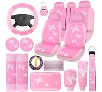 BBTO 43 Pcs Butterfly Car Seat Full Set Butterfly Car Accessories for Women 5 Front Rear Seat Covers Wrist Strap 2 Pcs Cup Mat Armrest Pad 2 Belt Cover Accessories for SUV(Pink)