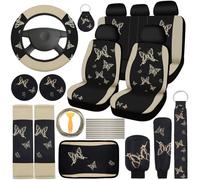 BBTO 43 Pcs Butterfly Car Seat Full Set Butterfly Car Accessories for Women 5 Front Rear Seat Covers Wrist Strap 2 Pcs Cup Mat Armrest Pad 2 Belt Cover Accessories for SUV (Cream-Colored)
