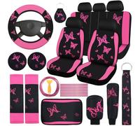 BBTO 43 Pcs Butterfly Car Seat Full Set Butterfly Car Accessories for Women 5 Front Rear Seat Covers Wrist Strap 2 Pcs Cup Mat Armrest Pad 2 Belt Cover Accessories for SUV(Pink, Black)