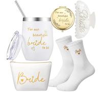 BBTO 5 Pcs Bride Gifts for Bride to Be Wedding Accessories Kit Including Makeup Bag Mirror Insulated Tumbler Wedding Hair Claw Clip Embroidery Socks Bridal Shower Set Hen Party Engagement Gift