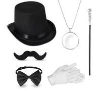 BBTO 6 Pcs 1920s Men Accessories Gentleman Costume Hat Round Head Scepter Magnifying Glass Necklace Bow Tie Gloves Beard (Classic, Vintage Style)