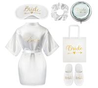 BBTO 6 Pcs Bride Gifts Bride Dressing Gown Set White Robe Canvas Bag Slippers Sleep Eye Mask Soft Hair Scrunchie Mirror and Gift Box for Wedding Proposal Bridal Shower(Noble Style,Gold)
