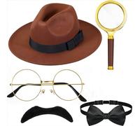 BBTO 6 Pcs Detective Costume Accessories Set Detective Hat Magnifying Glass Bow Tie Fake Mustache Glasses (Chic Style)