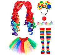 BBTO 6-Piece Halloween Cosplay Set - Rainbow Wig, Tutu, Clown Costume, Eyelashes, Red Nose for Girls & Women (Medium)