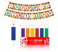 BBTO 7 Pcs Birthday Party Decorations Included 6 Pcs Building Block Candles Brick Candles Cake Toppers with 1 Set Birthday Party Banner for Building Block Themed Decoration