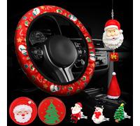 BBTO 8 Pcs Christmas Car Accessories Set Cute Christmas Car Decoration Steering Wheel Cover Fit 15'', Santa Hat Gear Shift Knob Cover Santa Car Mirror Hanging Ornament Auto Air Vent Clips Cup Mat