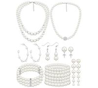 BBTO 8 Pcs Pearl Necklace and Earrings Set for Women Faux Pearl Bracelets Costume Jewelry Set for Wedding Gift Birthday Party, One Size, artificial pearl, alloy, rhinestone, No Gemstone