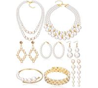 BBTO 8 Pcs Pearl Necklace and Earrings Set for Women Pearl Jewelry Set Faux Necklace Earrings Simulated Bracelets, artificial pearl, alloy, rhinestone, artificial pearl, alloy, rhinestone