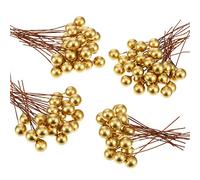BBTO Artificial Holly Berries, 100 Pieces Mini 10 mm Fake Berries Decor on Wire for Christmas Tree Decorations Flower Wreath DIY Craft Use (Gold)