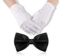 BBTO Black Bow Ties and Wrist Length Gloves Set, Fancy Formal Adjustable Black Satin Bow Tie Three Line White Mens Gloves for Santa Party Wedding Banquet Adult