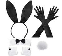 BBTO Bunny Costume Set Including Bunny Ear Headband, Cuffs and Bunny Tail Accessory for Halloween Cosplay Party (Black, White)