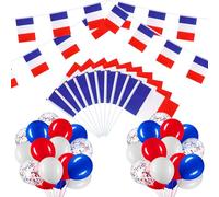 BBTO French Flag Set with Bunting 10 Pcs Hand Held Small Flags 30 Pcs Party Balloons Banner Set for Independence Day Send off Patriotic Theme Party Decoration