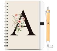 BBTO Personalized Initial A Spiral Notebook and Pen Set, Floral B6 Notebook with Bamboo Pen Letter Gift for Women Men Christmas Birthday Valentine's Day