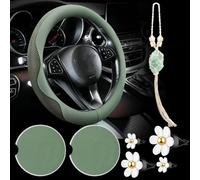 BBTO Sage Green Car Accessory Set - Steering Wheel Cover, Ceramic Coasters, Daisy Flower Air Vent Clip, Crystal Car Hanging Ornament