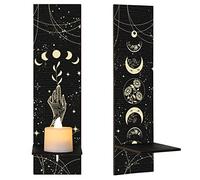 BBTO Set of 2 Boho Wall Candle Sconces 14 x 3.9'' Sun Moon Phases Wall Candle Holder Wall Mount Gothic Minimalist Stars Sun Wooden Candle Holders Rustic Farmhouse Wall Candle Sconce for Home Bedroom