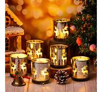 BBTO Set of 6 Christmas Candle Holder Gold Silver Glass Christmas Tealight Holders Deer Snowflake Xmas Tree Decor for Xmas Party Table Centerpieces 3.2 Inch(Elk Style)