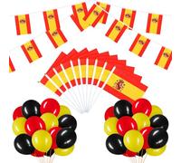 BBTO Spanish Flag Set with Bunting 10 Pcs Hand Held Small Flags 30 Pcs Party Balloons Banner Set for Spanish Day Send off Patriotic Theme Party Decoration