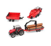 Bburago Die-Cast MASSEY FERGUSON 8740S FARM TRACTOR WITH 3 TRAILERS - Detailed Replica Collectible Model Toy