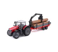 Bburago MASSEY FERGUSSON 8740S TRACTOR WITH LOG TRAILER - 10CM - Incredibly Detailed Die-Cast Replica Collectible Model Vehicle, Red