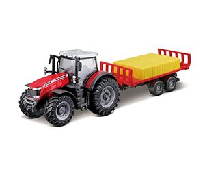 Bburago MASSEY FERGUSSON 8740S TRACTOR with Working BALE TRAILER - Incredibly Detailed Die-Cast Replica Collectible Model Vehicle, Red
