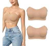BBXWANG 2 Pack Strapless Bras for Women Wireless Bandeau Anti-Slip Seamless Bras Comfort Bralettes with Removable Pads (UK, Alpha, S, Regular, Regular, Skin)