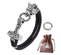 BBYOUTH 3D Viking Wolf Head Bracelet for Men, Leather 316L Stainless Steel Nordic Mythology Thor's Hammer Talisman Jewelry,Wolf and Mjolnir,7.28inch