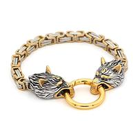 BBYOUTH Viking Bracelet for Men, Stainless Steel Wolf Head Gold and Silver King Chain Talisman Jewelry with Valknut Leather Bag,King Chain Gold Silver,23cm