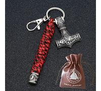 BBYOUTH Vintage Viking Mjolnir Keychain Braided Handmade Umbrella String Braided Outdoor Mountaineering Car Keyring Men Norse Jewelry,Black Red