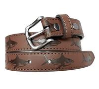 BC Belts Kids Leather Belt Strap and Metal Buckle 1" Wide with Snaps - Construction Excavator Bulldozer Dinosaurs T-Rex, Brown - Shark, X-Large (32-34" Waist)