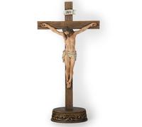 BC Catholic Crucifix Standing Cross, Jesus Christ Tabletop Home Decor, Religious Gift, Wood Carve Look, Realistic Color Finish, 15" H Renaissance Sculpture Hand Painted by Buildclassic