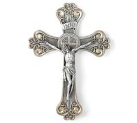 BC Catholic St Benedict Crucifix Wall Cross, Elegant Jesus Christ Home Decor, Religious Gifts, Renaissance Carve Look, Silver and Gold Color Finish, 12"H Hand Painted by Buildclassic