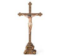 BC Catholic Standing Crucifix for Altar, Jesus Christ Tabletop Religious Home Decor, Antique Gold and Realistic Color Finish, 14.75" H Hand Painted by Buildclassic