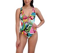 BCBGMAXAZRIA Women's One Piece Swimsuit Lace Up Grommet Tummy Control Quick Dry Bathing Suit, Odyssey Multi, Large