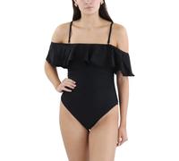 BCBGMAXAZRIA Women's Standard One Piece Swimsuit Off The Shoulder Tummy Control Quick Dry Bathing Suit, Solid Black, Large