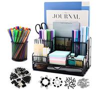 BCCICE Desk Organizers Caddy and Accessories with 7 Compartments + Pen Holder / 72 Clips Set, Drawer, Black Mesh Office Supplies Desktop Organizer for Home, Office Ect