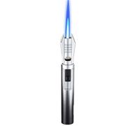 bcdef Ombre Metal Butane Torch Lighter, Windproof Jet Blue Flame High Fire Power Adjustable, 360 Degree Use Extra Long Convenient Refillable Gas Lighter for Candle Travel (Fuel Not Included)(Silver)