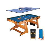 BCE 6ft 3-in-1 Folding Pool Table with Table Tennis Top & Soft Tip Dart Board with Desk Top - Easy to Move - All Accessories Included