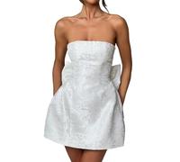 Bcenoilua Women Strapless Satin Mini Dress Sexy Backless Tube Dress Short A-Line Homecoming Dress Sleeveless Bodycon Dresses with Bow on Back Birthday Party Club Slim Fit Dress (M) White