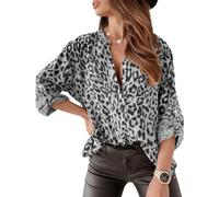 Bcenoilua Womens Elegant Blouse V Neck Long Sleeve Casual Roll up Sleeve Button Down Shirts Loose Leopard Print Lightweight Sheer Ladies Top YM Silver