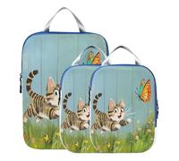 BCFHRGT Foldable 3 Piecing Packing Travel Bag Polyester Closet Storage Organizer, Cat Butterfly in The Yard 3 Set