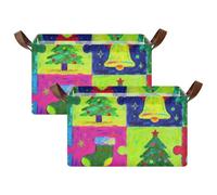 BCFHRGT Merry Christmas Colorful Jigsaw Puzzle Storage Baskets with Handles 2 Pack Foldable Closet Organizer for Shelves for Makeup Books Shelves Living Room