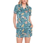 BCFHRGT Sweet Eastern Bluebird Birds Teal Ladies Silk Pajamas Sets Comfortable Short Sleeve Outfits Lounge Sets Long, Sweet Eastern Bluebird Birds Teal, M