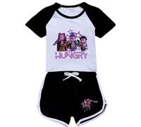 BCFSITNBH Merch KPop Demon Hunters Kids 2 Piece Outfit Anime Huntrix Huntr/X Crop Top Short Sleeve T-Shirt and Drawstring Shorts 2PC Tracksuit Set for Boys Girls 03-Black 160