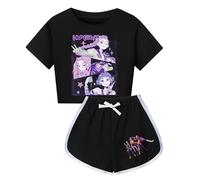 BCFSITNBH Merch KPop Demon Hunters Kids 2 Piece Outfit Anime Huntrix Huntr/X Crop Top Short Sleeve T-Shirt and Drawstring Shorts 2PC Tracksuit Set for Boys Girls 05-Black 140