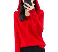 Bciopll Hooded Cashmere Sweater for Women 100% Merino Wool V-Neck Base Hooded Pullover Winter and Autumn Red XXL
