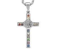 BCJMKDX Necklaces. St. Benedict Exorcism Cross Necklace 12 Tribes of Israel & Holy City Jerusalem Gemstones(Silver)