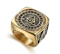 BCJMKDX Rings, Masonic Eye of Providence Ring Sparkling Crystals & Gold Titanium Steel with Compass Square - Mens Occult(S)