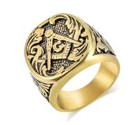 BCJMKDX Rings, Masonic Signet Ring Freemasonry Heritage Titanium Steel Two-Tone Gold with Historic Stonemason Scrolls(Gold,Y)