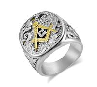 BCJMKDX Rings, Masonic Signet Ring Freemasonry Heritage Titanium Steel Two-Tone Gold with Historic Stonemason Scrolls(Silver,W)