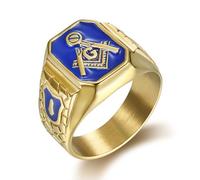 BCJMKDX Rings, Men's Blue Enamel Masonic Ring Master Mason Symbol, Vintage Freemason Gold Titanium Steel Jewellery(O)